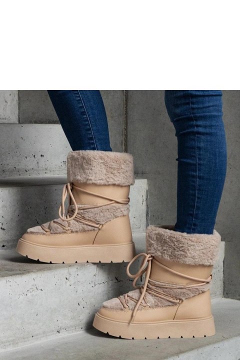 Beżowe ocieplane śniegowce sznurowane zdobione futerkiem Istiss - Solea Solea Beżowe ocieplane śniegowce sznurowane zdobione futerkiem Istiss - Solea Solea