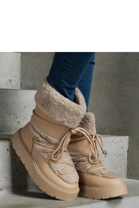 Beżowe ocieplane śniegowce sznurowane zdobione futerkiem Istiss - Solea Solea Beżowe ocieplane śniegowce sznurowane zdobione futerkiem Istiss - Solea Solea