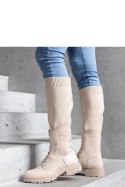 Beżowe wsuwane kozaki z materiałową elastyczną cholewką Luana - Solea Solea