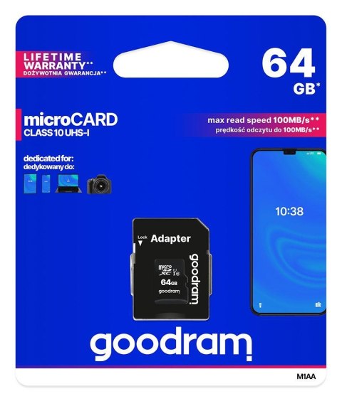 Karta pamięci microSDXC GOODRAM 64GB M1AA-0640R12 cl 10 UHS-I + adapter Goodram Karta pamięci microSDXC GOODRAM 64GB M1AA-0640R12 cl 10 UHS-I + adapter Goodram