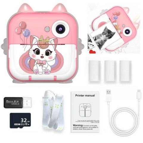 Aparat Natychmiastowy z Drukarką Termiczną Gry 3 Rolki Kotek Różowy LEAN Toys Aparat Natychmiastowy z Drukarką Termiczną Gry 3 Rolki Kotek Różowy LEAN Toys