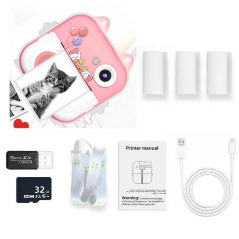 Aparat Natychmiastowy z Drukarką Termiczną Gry 3 Rolki Kotek Różowy LEAN Toys Aparat Natychmiastowy z Drukarką Termiczną Gry 3 Rolki Kotek Różowy LEAN Toys