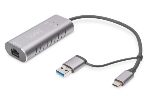 Karta sieciowa DIGITUS przewodowa USB 3.1 Typ C + USB A do 1x RJ45 2.5 Gigabit Ethernet 10/100/1000/2500Mbps Digitus