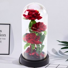 Wieczne 3 Róże w Kopule z Oświetleniem LED i Płatkami Róż Czerwone 21x11cm LEAN