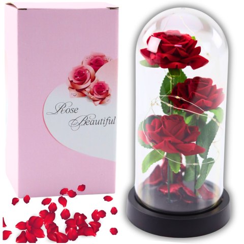 Wieczne 3 Róże w Kopule z Oświetleniem LED i Płatkami Róż Czerwone 21x11cm LEAN