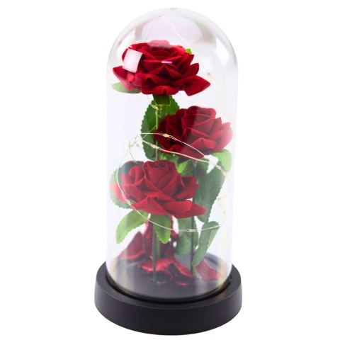 Wieczne 3 Róże w Kopule z Oświetleniem LED i Płatkami Róż Czerwone 21x11cm LEAN