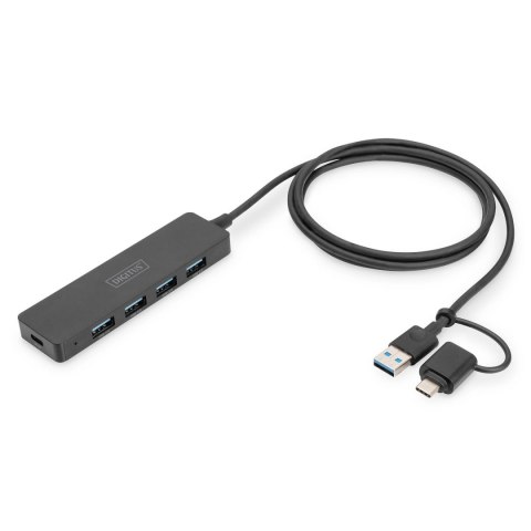 Hub USB 3.0/Koncentrator DIGITUS 4-portowy SlimLine USB A + adapter USB-C 1,2m 5Gbps złącze zasilania USB-C Digitus Hub USB 3.0/Koncentrator DIGITUS 4-portowy SlimLine USB A + adapter USB-C 1,2m 5Gbps złącze zasilania USB-C Digitus