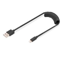 Kabel USB 2.0 DIGITUS spiralny USB A/Lightning, PD 20W, MFI, czarny, max. 1m Digitus