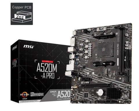 Płyta MSI A520M-A PRO /AMD A520/DDR4/SATA3/M.2/USB3.1/PCIe3.0/AM4/mATX MSI Płyta MSI A520M-A PRO /AMD A520/DDR4/SATA3/M.2/USB3.1/PCIe3.0/AM4/mATX MSI