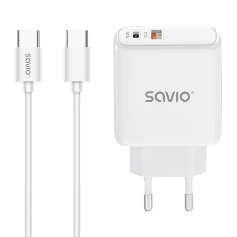 Ładowarka sieciowa z kablem USB-C Savio LA-10 30W Quick Charge, Power Delivery 3.0, biała Savio Ładowarka sieciowa z kablem USB-C Savio LA-10 30W Quick Charge, Power Delivery 3.0, biała Savio