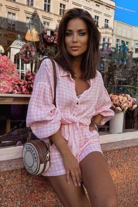 Spodnie Komplet Model Molly Muślin 243863437 Róż Kratka - LaBalancia LaBalancia