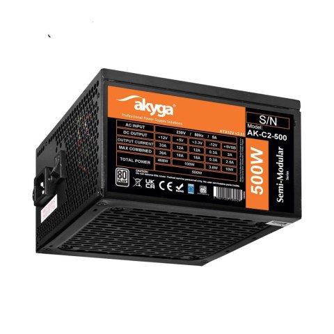 Zasilacz ATX 500W Akyga AK-C2-500 Semi-Modular P4+4 2x PCI-E 6+2 pin 4x SATA 2x Molex FAN 12cm AKYGA Zasilacz ATX 500W Akyga AK-C2-500 Semi-Modular P4+4 2x PCI-E 6+2 pin 4x SATA 2x Molex FAN 12cm AKYGA