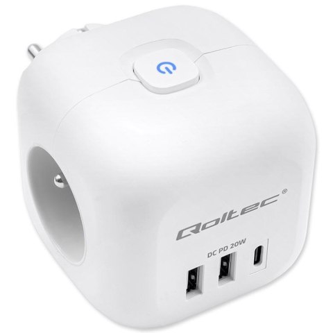 Kostka zasilająca Qoltec przedłużacz 6w1 z podświetlanym włącznikiem | 3x AC | 2x USB | 1x USB-C PD 20W | Biała Qoltec
