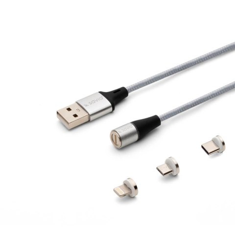Kabel USB 2.0 SAVIO CL-153 USB - USB Typ C, Micro i Lightning, QC i PD 3.0, magnetyczny, 1m, srebrny Savio