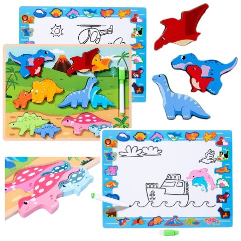 Układanka Tablica 2w1 Drewniana Edukacyjna Pisak Dinozaury 12el LEAN Toys