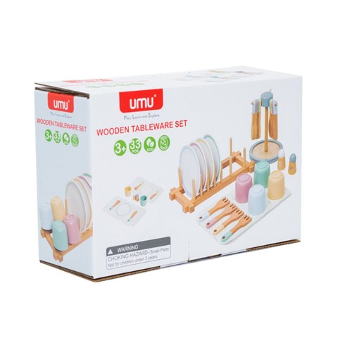 Drewniany Zestaw Naczyń Dla Dzieci Zastawa Stołowa Stojak 33El LEAN