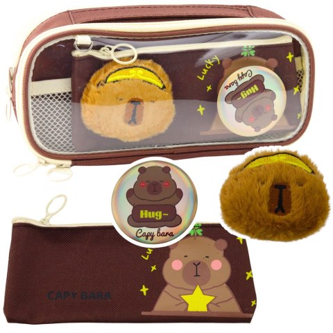 Piórnik Szkolny Kapibara Pluszowa Dodatkowa Saszetka Przypinka Brązowy 23cm LEAN