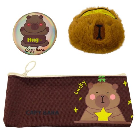 Piórnik Szkolny Kapibara Pluszowa Dodatkowa Saszetka Przypinka Brązowy 23cm LEAN