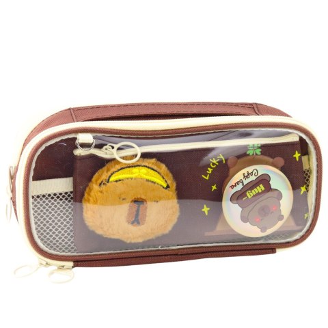 Piórnik Szkolny Kapibara Pluszowa Dodatkowa Saszetka Przypinka Brązowy 23cm LEAN