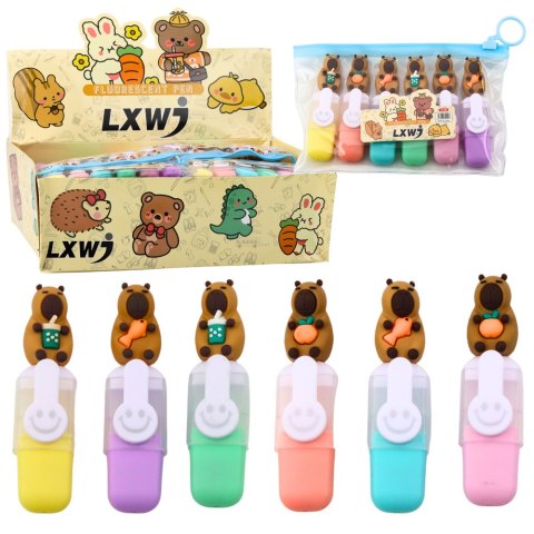 Zestaw Mini Zakreślaczy Kapibara W Etui Kolorowe Pstelowe 6szt LEAN