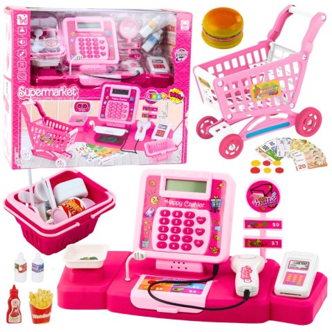 Zestaw Sklepowy Kasa Koszyk Produkty Spożywcze Światła Dźwięki Różowy LEAN Toys