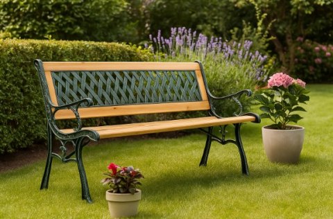 Ławka Ogrodowa Drewniana Metalowa Ławeczka Parkowa Ogrodowa z oparciem LEAN