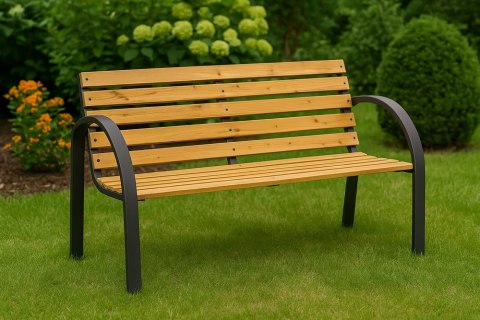Ławka Ogrodowa Drewniana Metalowa Ławeczka Parkowa z oparciem LEAN