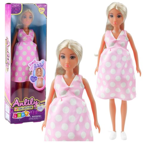 Lalka Anlily W Ciąży Jasno Różowa W Kropki Sukienka Długie Włosy LEAN Toys