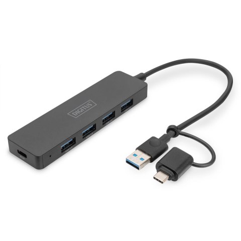 Hub USB 3.0/Koncentrator DIGITUS 4-portowy SlimLine USB A + adapter USB-C 0,2m 5Gbps złącze zasilania USB-C Digitus