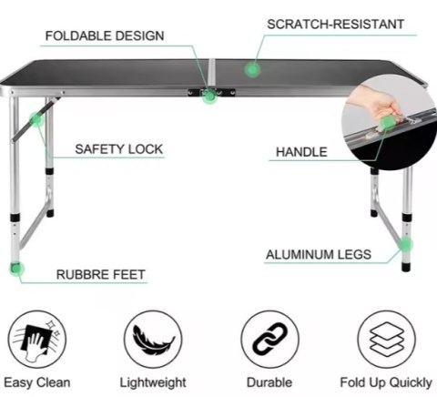 Stół Turystyczny Kempingowy Składany Regulowany Aluminiowy Czarny 120x60cm LEAN