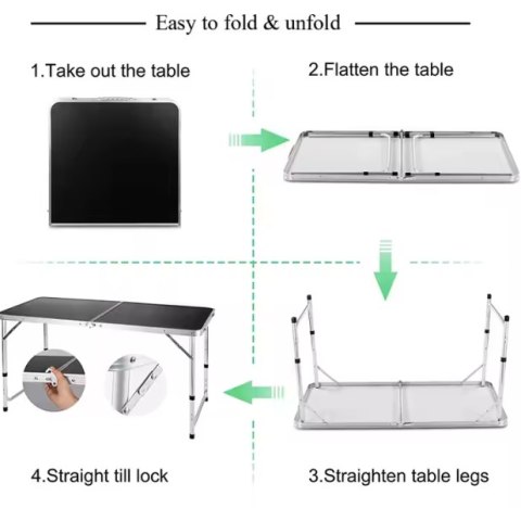 Stół Turystyczny Kempingowy Składany Regulowany Aluminiowy Czarny 120x60cm LEAN