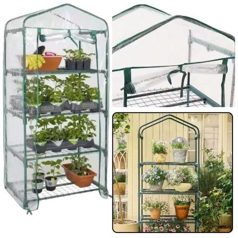 Mini Szklarnia Balkonowa Ogrodowa 4 Półki Metalowe Folia PVC 69 x 49 x 157cm LEAN