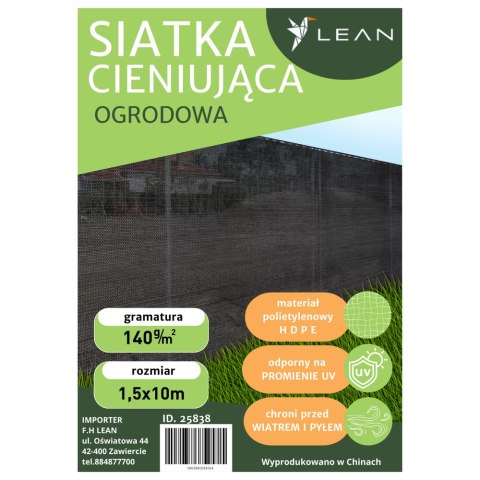 Siatka Cieniująca Na Ogrodzenie Płot Maskująca Zielona 1.5M 10M 140g/m² LEAN Siatka Cieniująca Na Ogrodzenie Płot Maskująca Zielona 1.5M 10M 140g/m² LEAN