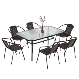 Zestaw Mebli Ogrodowych Tarasowych Szklany Stół 150x90 Krzesła 6szt Brąz LEAN