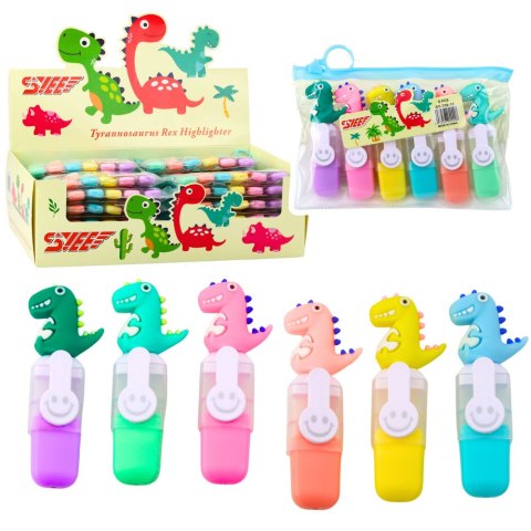 Zestaw Mini Zakreślacze Z Dinozaurem W Etui Kolorowe 6szt 8cm LEAN