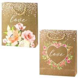 Torba Prezentowa Napis Love Kwiaty Brokat 32 x 26 x 10 cm LEAN