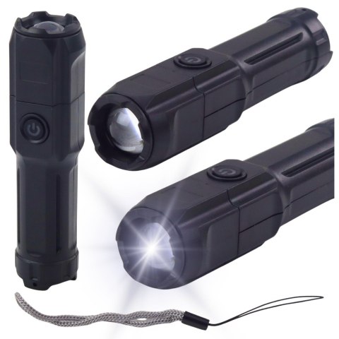 Latarka LED Regulacja Zoom 3 Tryby Świecenia Ładowanie USB Czarna LEAN