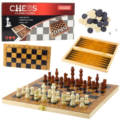 Klasyczna Gra Logiczna 3w1 Szachy Warcaby Backgammon Drewniane LEAN Toys