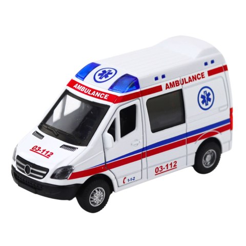 Karetka Ambulans Metalowy Z Napędem Pull Back Światła Dźwięki Biały 1:32 LEAN Toys Karetka Ambulans Metalowy Z Napędem Pull Back Światła Dźwięki Biały 1:32 LEAN Toys
