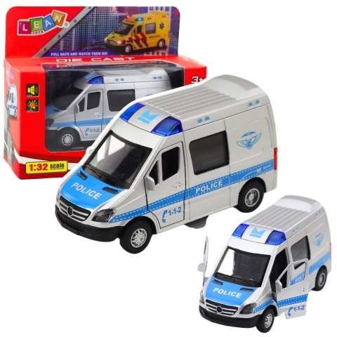 Samochód Policyjny Metalowy Z Napędem Pull Back Światła Dźwięki 1:32 LEAN Toys