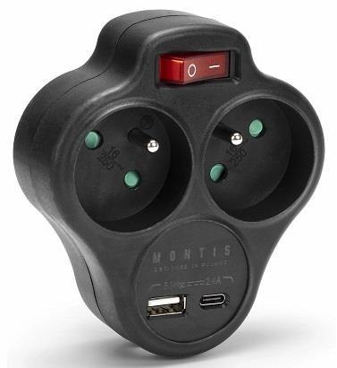 Rozgałęźnik sieciowy podwójny z wyłącznikiem + USB-A + USB-C MONTIS MT144-BK czarny Montis
