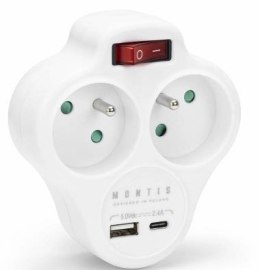 Rozgałęźnik sieciowy podwójny z wyłącznikiem + USB-A + USB-C MONTIS MT144-WH biały Montis