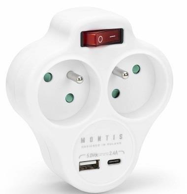 Rozgałęźnik sieciowy podwójny z wyłącznikiem + USB-A + USB-C MONTIS MT144-WH biały Montis Rozgałęźnik sieciowy podwójny z wyłącznikiem + USB-A + USB-C MONTIS MT144-WH biały Montis