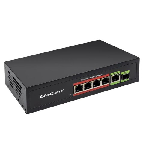 Switch niezarządzalny Qoltec przełącznik sieciowy FAST Ethernet 4x RJ45 PoE 1x RJ45 Uplink 1x SFP | 65W | 1000 Mb/s Qoltec