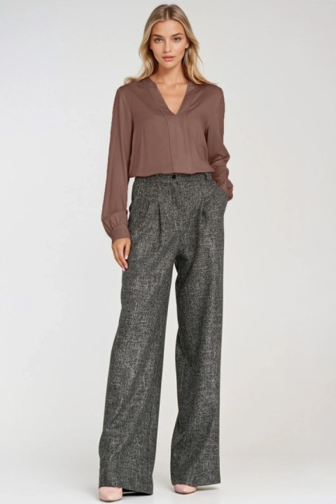 Wiskozowa bluzka z szeroką plisą na dekolcie B196 Mocca - Nife Nife Wiskozowa bluzka z szeroką plisą na dekolcie B196 Mocca - Nife Nife