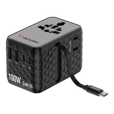 Adapter podróżny Verbatim Charge 'n' Travel GaN III globalny 1xUSB-C PD 3.0 QC 4+ 100W, 2xUSB-C 15W, 1xUSB-A 12W czarny Verbatim Adapter podróżny Verbatim Charge 'n' Travel GaN III globalny 1xUSB-C PD 3.0 QC 4+ 100W, 2xUSB-C 15W, 1xUSB-A 12W czarny Verbatim