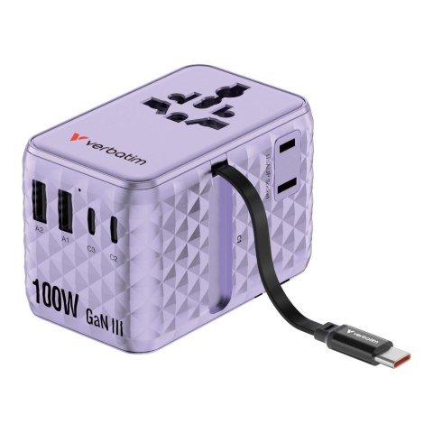 Adapter podróżny Verbatim Charge 'n' Travel GaN III globalny 1xUSB-C PD 3.0 QC 4+ 100W, 2xUSB-C 15W, 1xUSB-A 12W fioletowy Verbatim Adapter podróżny Verbatim Charge 'n' Travel GaN III globalny 1xUSB-C PD 3.0 QC 4+ 100W, 2xUSB-C 15W, 1xUSB-A 12W fioletowy Verbatim