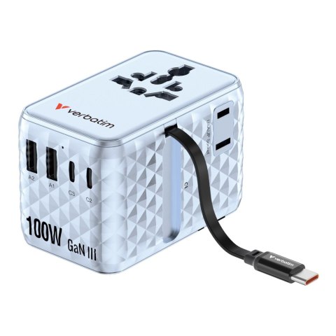 Adapter podróżny Verbatim Charge 'n' Travel GaN III globalny 1xUSB-C PD 3.0 QC 4+ 100W, 2xUSB-C 15W, 1xUSB-A 12W niebieski Verbatim Adapter podróżny Verbatim Charge 'n' Travel GaN III globalny 1xUSB-C PD 3.0 QC 4+ 100W, 2xUSB-C 15W, 1xUSB-A 12W niebieski Verbatim