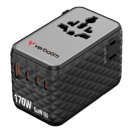 Adapter podróżny Verbatim Charge 'n' Travel GaN III globalny 170W, 2xUSB-C PD 3.1 QC 4+ 140W, 1xUSB-C PD 3.0 QC 3.0 30W, 1xUSB-A Verbatim