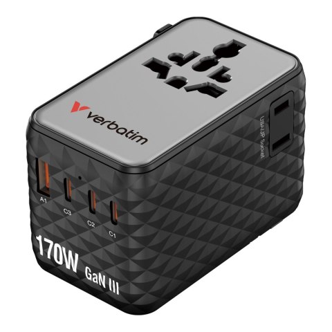 Adapter podróżny Verbatim Charge 'n' Travel GaN III globalny 170W, 2xUSB-C PD 3.1 QC 4+ 140W, 1xUSB-C PD 3.0 QC 3.0 30W, 1xUSB-A Verbatim Adapter podróżny Verbatim Charge 'n' Travel GaN III globalny 170W, 2xUSB-C PD 3.1 QC 4+ 140W, 1xUSB-C PD 3.0 QC 3.0 30W, 1xUSB-A Verbatim
